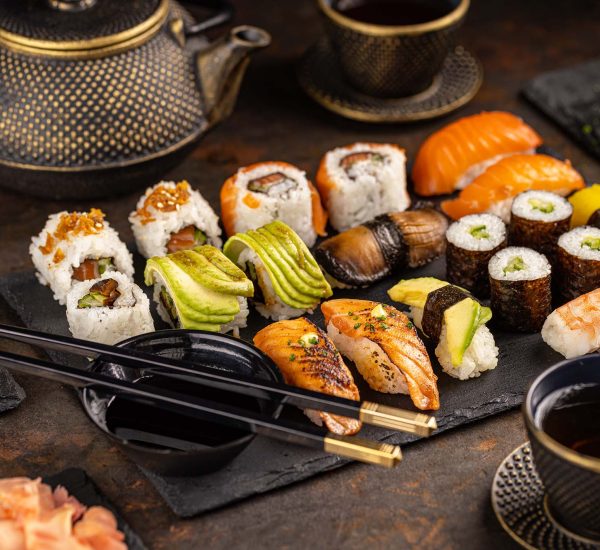 Japanese sushi food. Assorted sushi served with soy